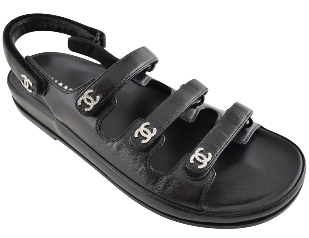 Chanel 24S Black Leather Triple Strap CC Logo Mule Slide Teva Dad Sandal Flat 41